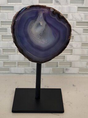Natural Brazilian Druzy Agate Geode Slice on Metal Black Stand, 8" Tall